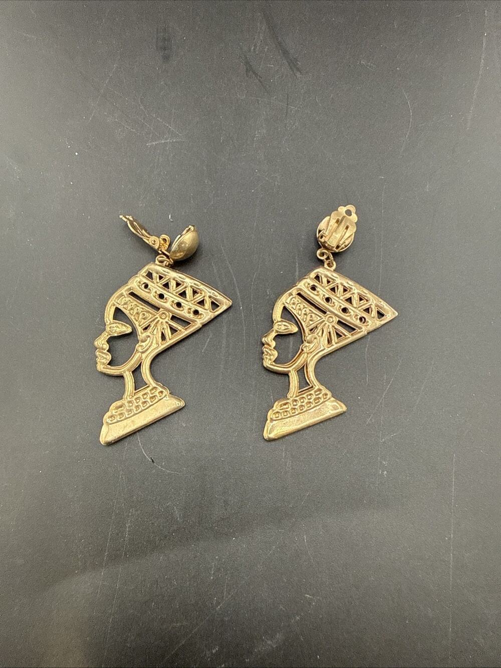 Egyptian Theme Gold Tone Earrings Clip On